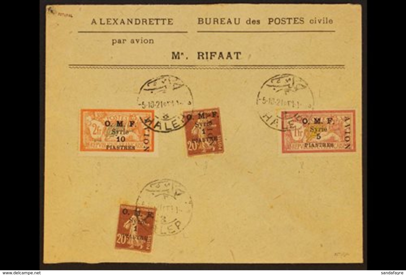 1921 Flown Cover From Halep To Alexandrette Franked 1921 Airmail Set, SG 86/88 Plus 1pi On 20c Brown Lake Sower. For Mor - Siria
