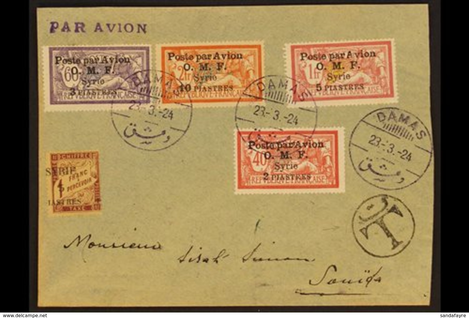 1924 Flown Cover Damas To Soueida Franked 1922 Airmail Set, SG 89/92,  Plus 5p On 1fr Postage Due. Very Fine. For More I - Syrië