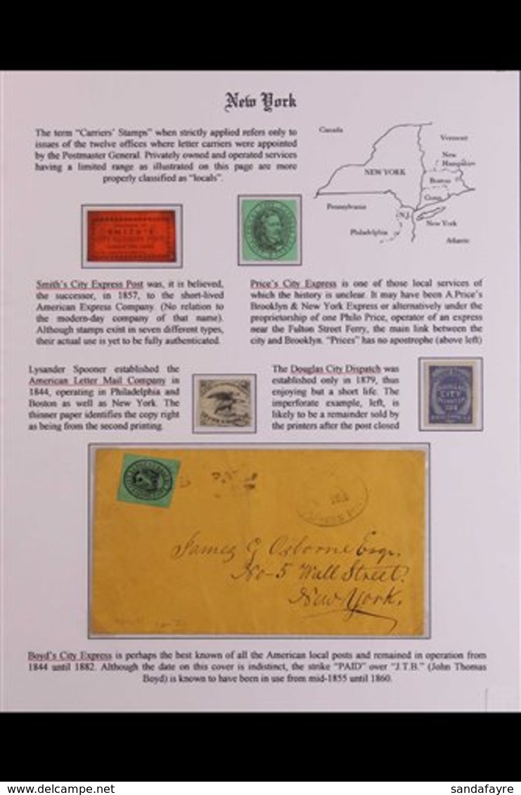 NEW YORK CARRIER STAMPS. A Beautiful Collection Displayed On Two Exhibition Pages Of 7 Stamps & 2 Covers Includes The Bo - Autres & Non Classés