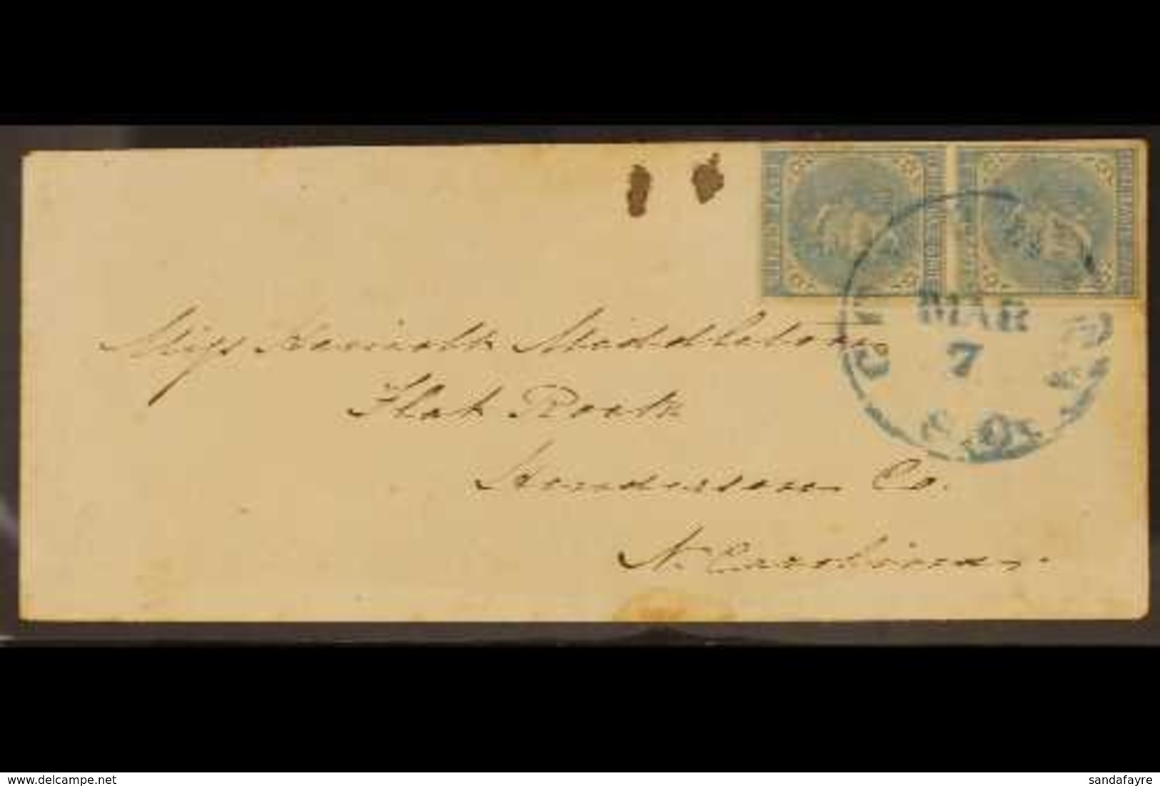 1862 5c Blue Jefferson Davis (Scott 7, SG 8) Vertical PAIR On Cover Tied By Blue "Columbia" Cds Cancel. Stamps With Four - Sonstige & Ohne Zuordnung