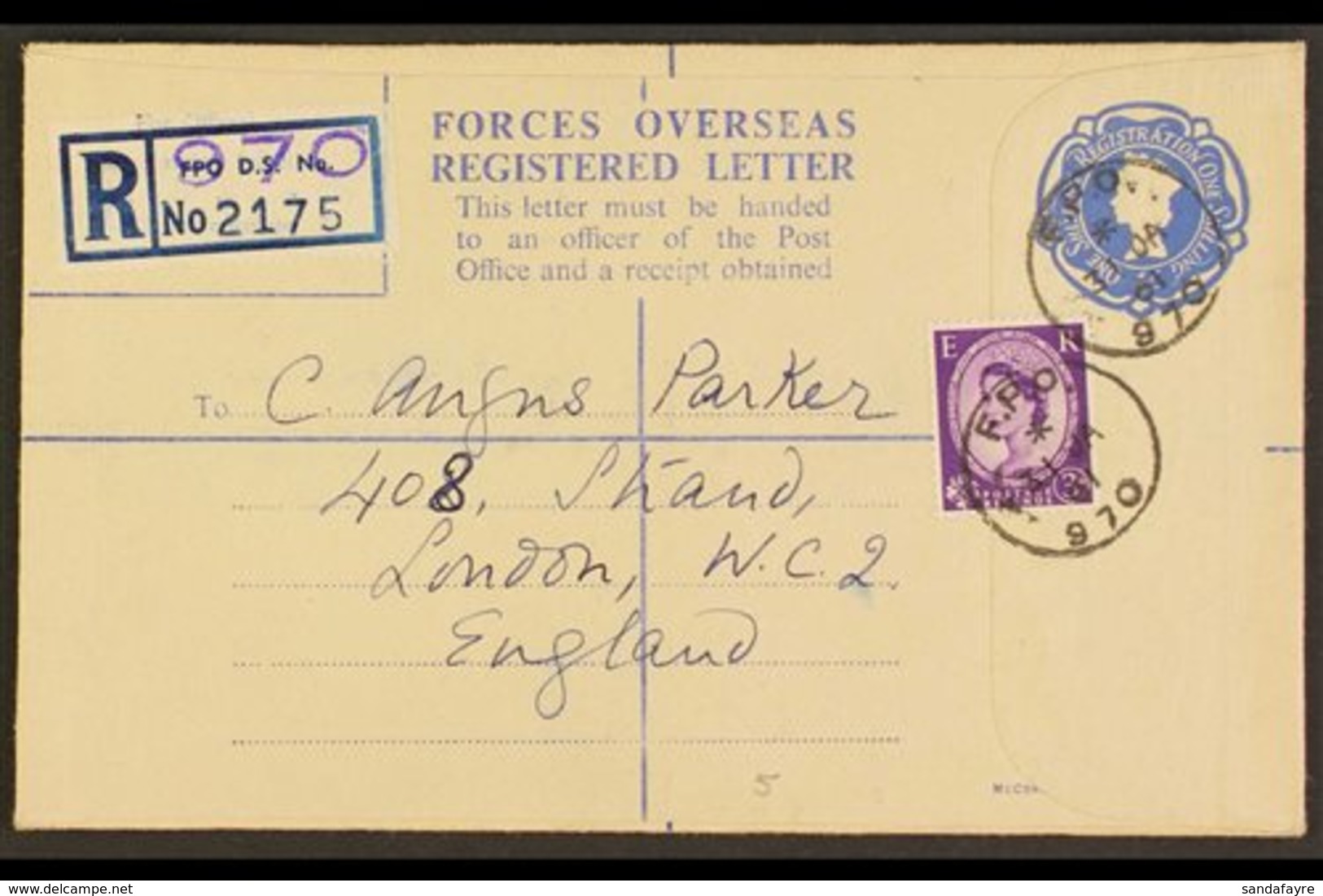 REGISTRATION ENVELOPE FORCES ISSUE 1959 1s0d Blue, Size G2, Huggins RPF 10, Uprated With 3d And Used In 1961 From FPO 97 - Altri & Non Classificati