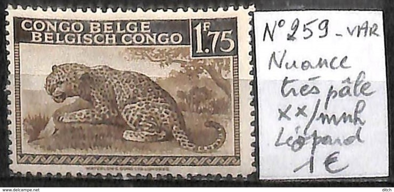 D - [836081]TB//**/Mnh-Congo Belge 1942 - N° 259-VAR, Nuance, Très Pâle, Léopard, Félins, Animaux - Neufs