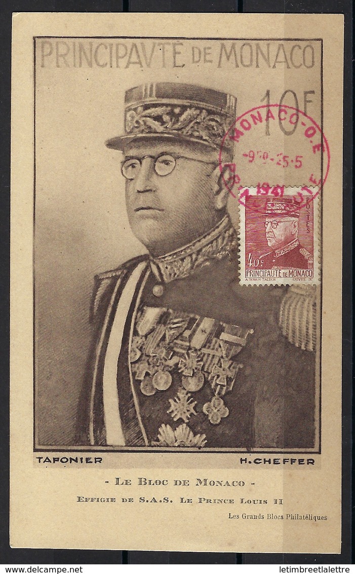 Monaco, Carte Maximum, Le Bloc De Monaco, Effigie Du Prince Louis 2, Le 25 / 05 / 1941, RARE - Maximum Cards