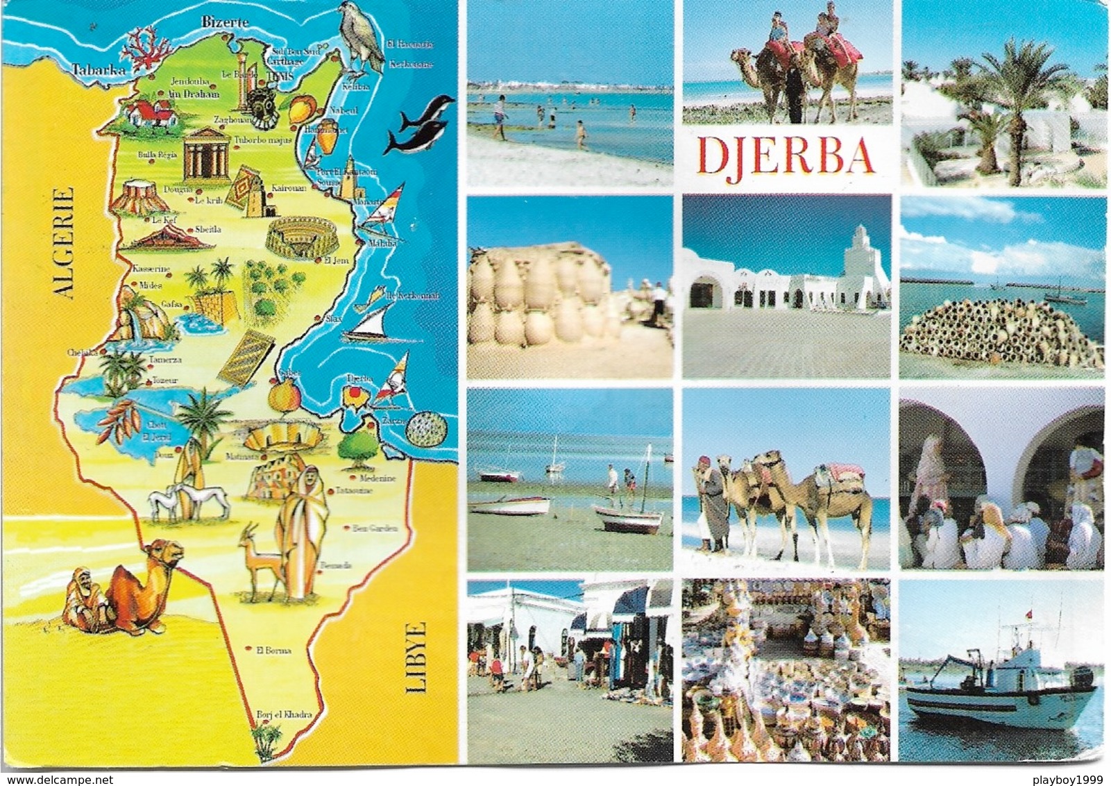 Afrique - Carte Géographique De La Tunisie - DJERBA- 12 Vues 1 Timbre Philatélique Au Verso - Voir Scan - Cpm - écrite - - Tunisia