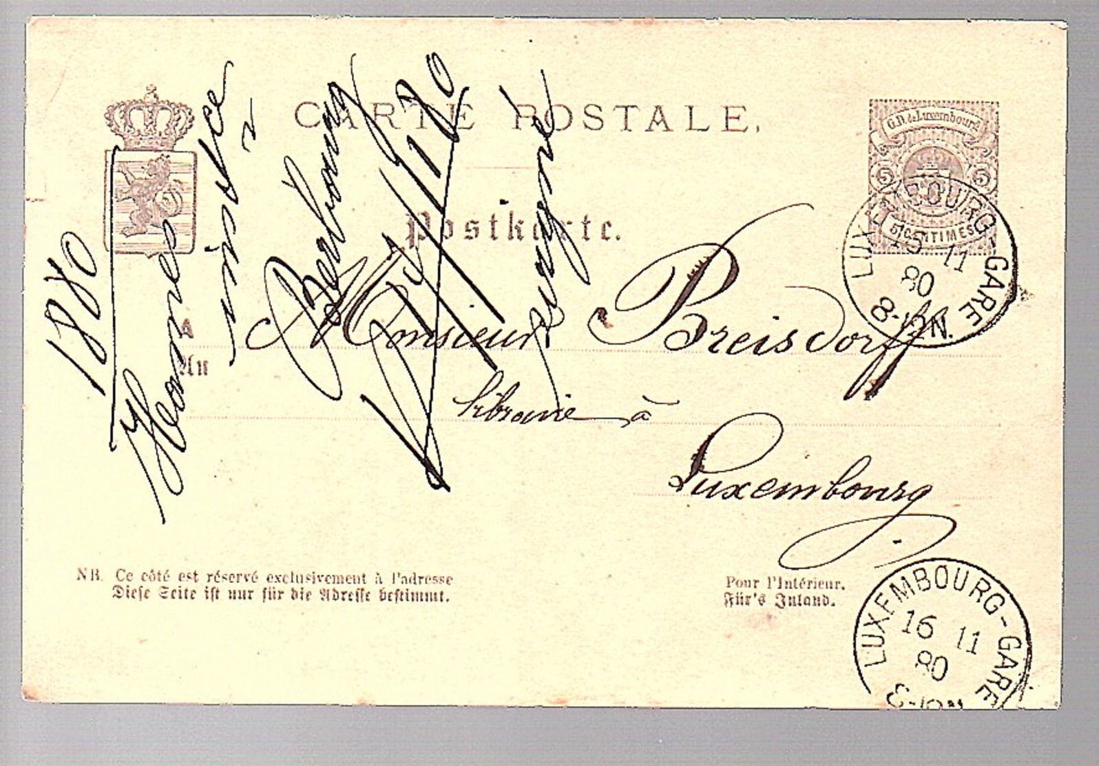 1880 LUX-GARE Michel P30 To Breisdorff Libraire (540) - Entiers Postaux