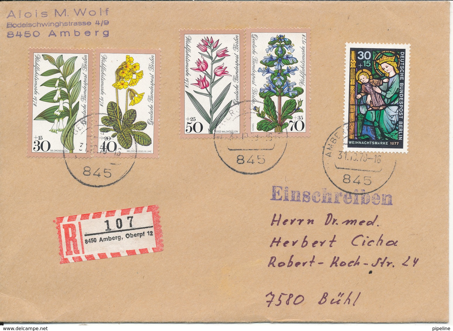 Germany Berlin Registered Cover Amberg Oberpf. 31-10-1978 Sent To Bühl With More Topic Stamps - Covers & Documents