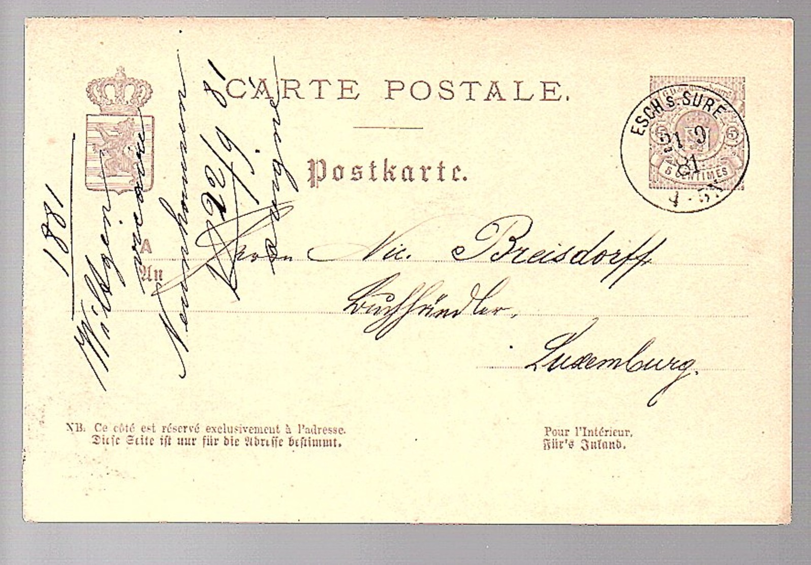 1881 ESCH-SUR-SURE Michel P30 To Breisdorff Libraire (541) - Entiers Postaux