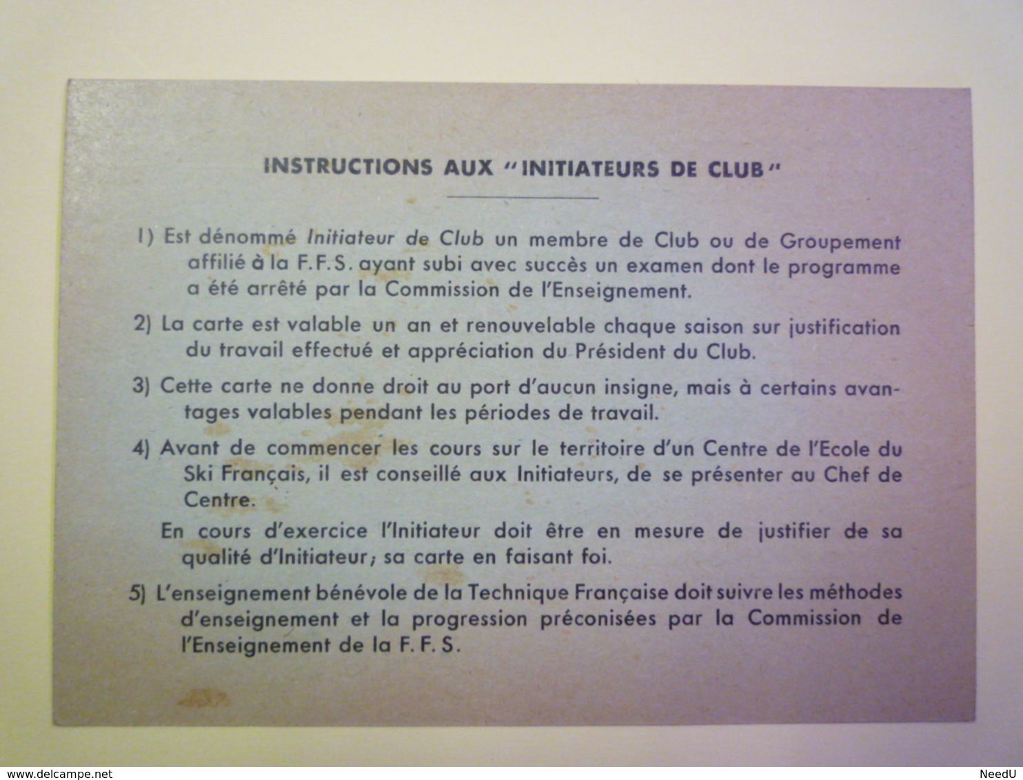 GP 2019 - 1306  F.F. De SKI  :  Carte D'Initiateur De CLUB  Saison 1957 - 1958   XXX - Other & Unclassified