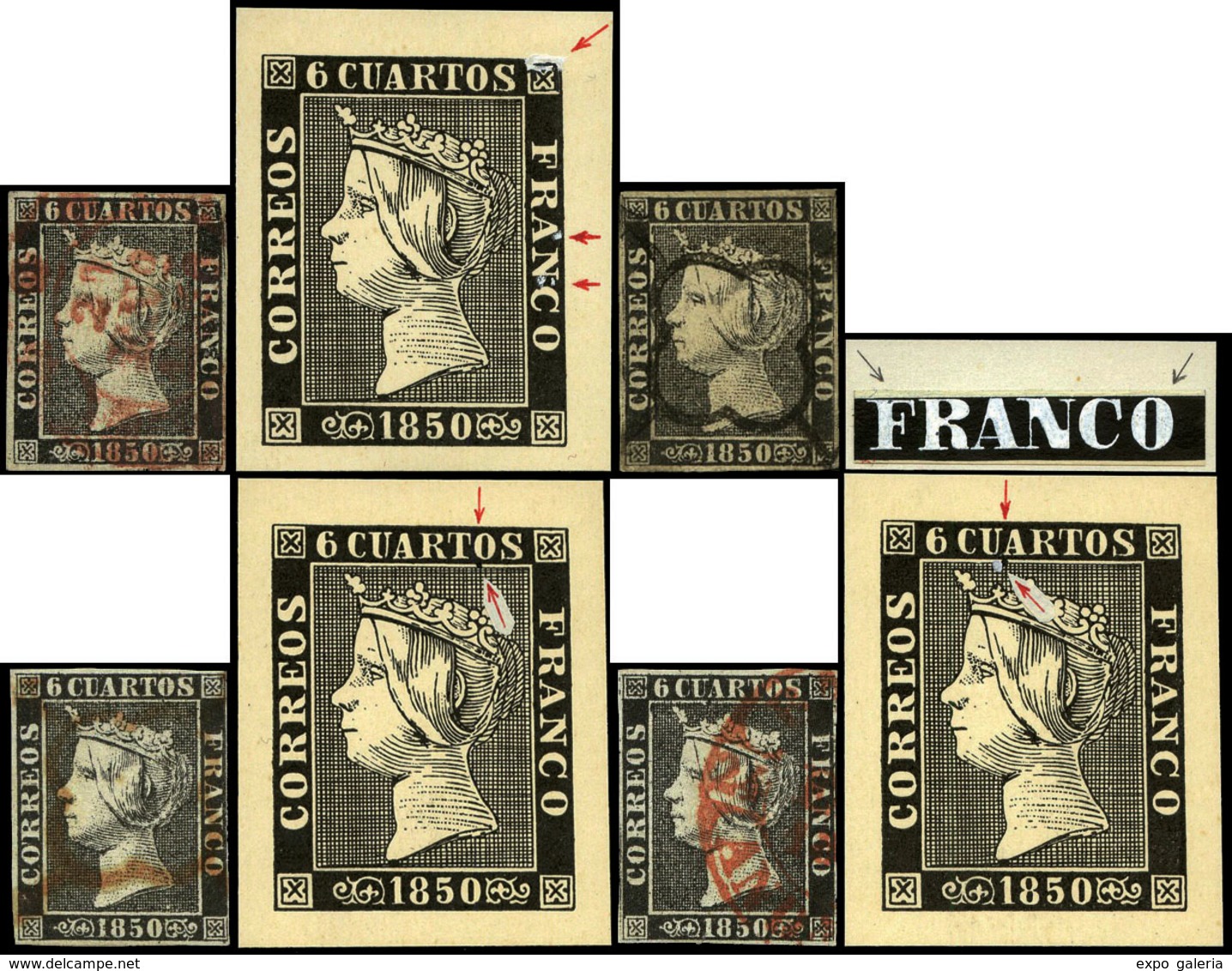 Ed. 0 1 - 6 Cuartos. Lote De 10 Sellos Con Diversas Variedades Y Retoques De Plancha. Muchos No Reseñados - Used Stamps