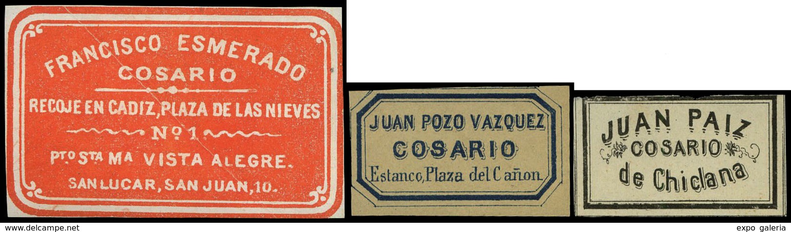 3 Etiquetas 1855. Cosarios. Conjunto De 3 Etiquetas Distintas Empresas (Fco. Esmerado, Juan Paiz, Juan Pozo) - Oblitérés