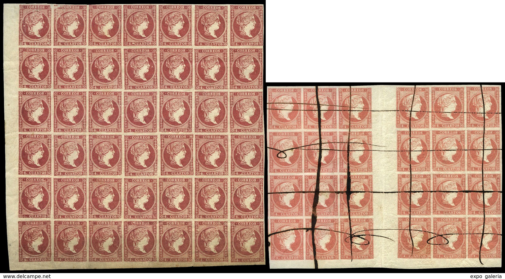 Ed. **/0 48+48C - 1856/1859. 4 Cuartos. Conjunto Formado Por 6 Bloques (48 En Bl. De 12, Cabecera De Pliego…) - Used Stamps