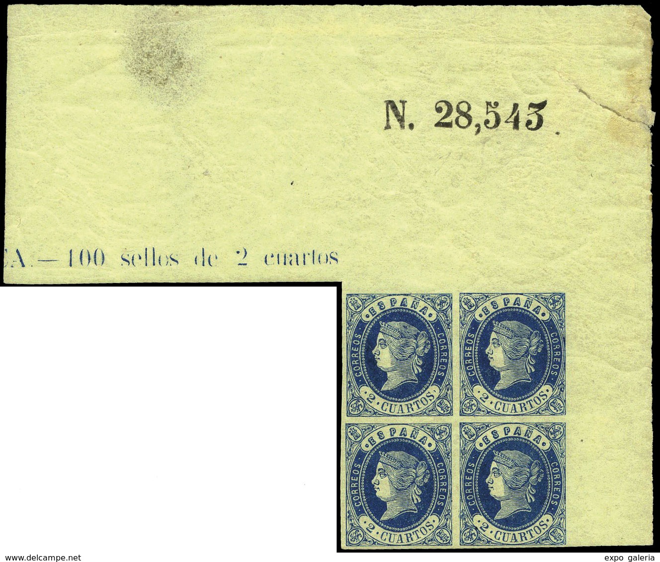 Ed. ** 57 Bl. 4 - 2 Cuartos Azul. Esquina Pliego Con Numeración Y Leyenda.Escaso En Esta Condición - Used Stamps