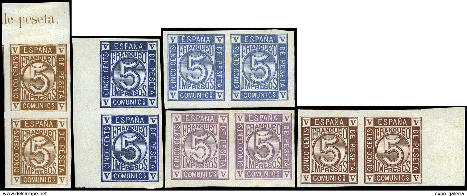 Año 1872 - Cifras. 5 Cts. Conjunto De 5 Parejas S/D. Ensayos Color. Precioso Y Escaso Conjunto - Gebraucht
