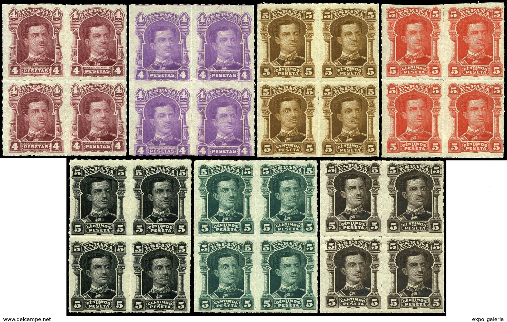 ** 1877. Alfonso XII. Conjunto 7 Pruebas De Modelo No Adoptado En Bl. De 4. (Galvez 1032) - Used Stamps