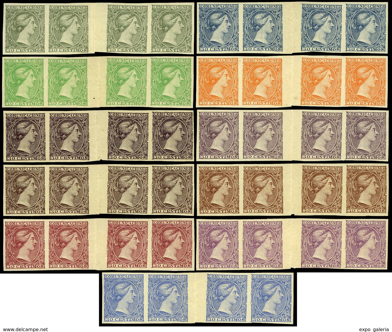 Año 1890 - Conjunto De 11 Valores En Tiras De 4 Con Puente Interpanel De Diseño No Adoptado Maria Cristina - Used Stamps