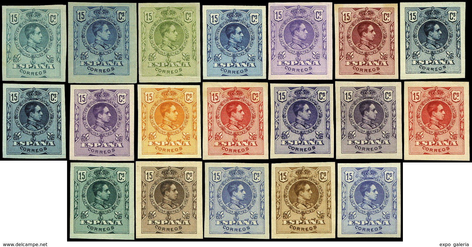 Año 1909 - Conjunto De 19 Pruebas De Color Sobre El 15 Cts. S/D, En Distintos Colores (Galvez 1854...+..) - Unused Stamps