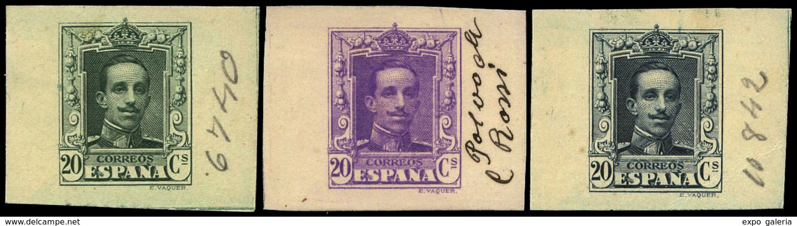 Año 1922 - Conjunto 3 Pruebas De Punzón De Tamaño Reducido. Valor 20 Cts. Sobre Distintos Colores En Cartulina - Unused Stamps