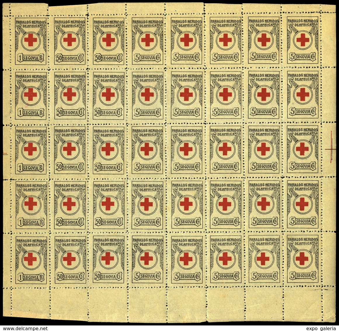 Año 1920 - Para Los Heridos De Africa. Pliego Completo De 40 Ejemplares (25 De 5 Cts. + 10 De 50 Cts. + 5 De 1 Ptas.) - Ungebraucht