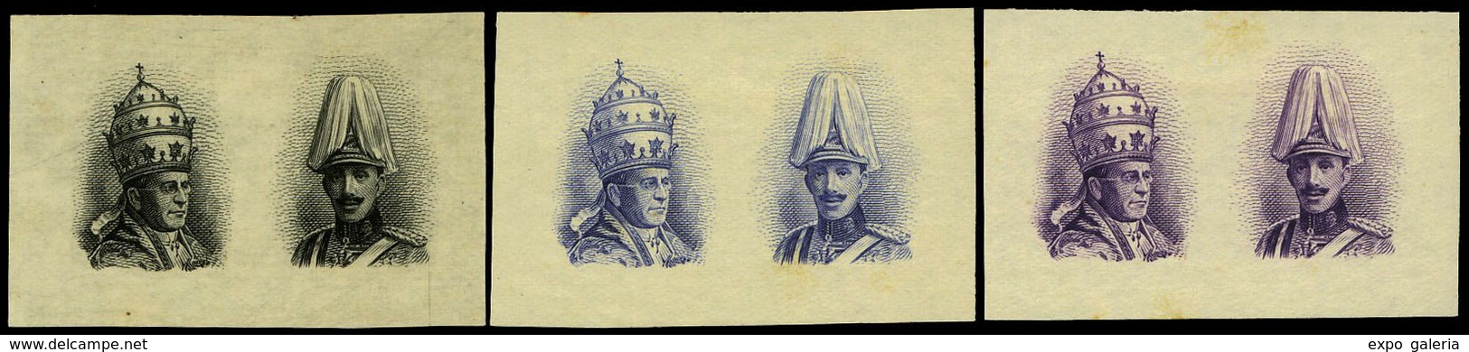 * Año 1928 - Pruebas De Plancha De Las Efigies, Conjunto De 3 Valores Color Negro, Azul Y Lila. (Galvez 2308/2310) - Unused Stamps
