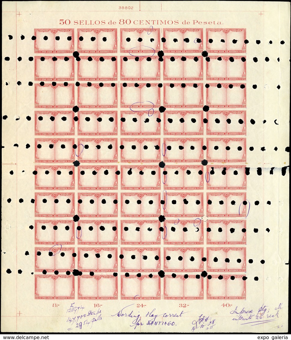 Año 1928 - Serie Para Santiago. Conjunto De 5 Pliegos Completos De La Prueba De Marco (80 Cts, 1 Ptas…) - Ongebruikt