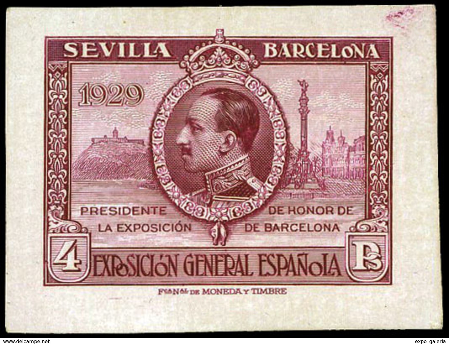 Galvez 2402 - 1929. Prueba De Punzón Sobre Cartulina Estucada. 4 Ptas. Lila Carmín. Preciosa - Unused Stamps