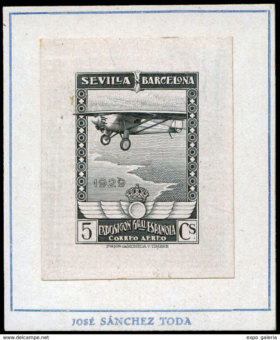 Galvez C.A.71 Aereo - Prueba De Punzón Sobre Cartulina Estucada Con Pie Imprenta 5 Cts. Negro - Ongebruikt