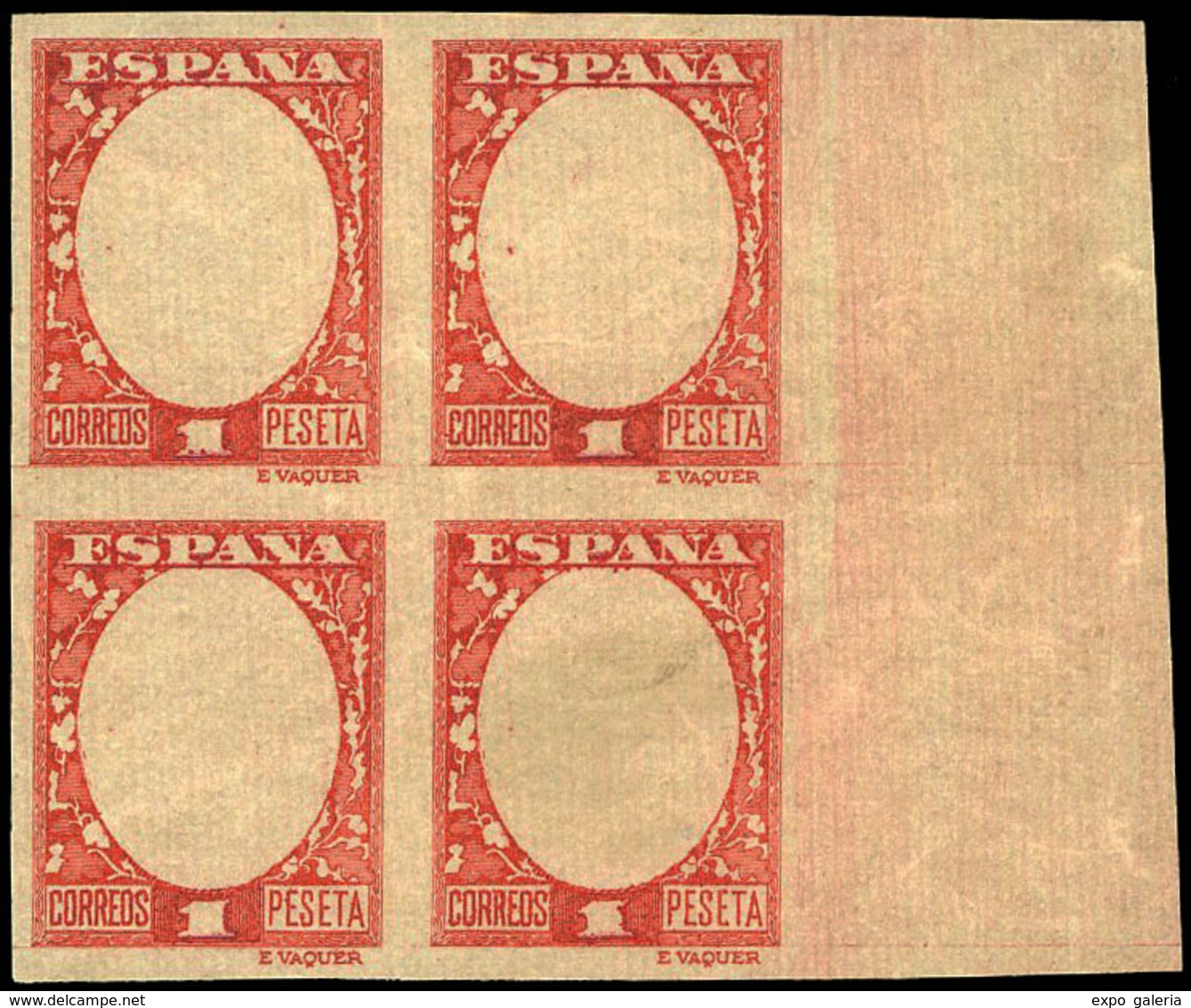 Galvez 2531 - 1930. Ensayo De Plancha Del Marco 1 Ptas Carmín En Bl. De 4. Borde Hoja. Escasa - Unused Stamps