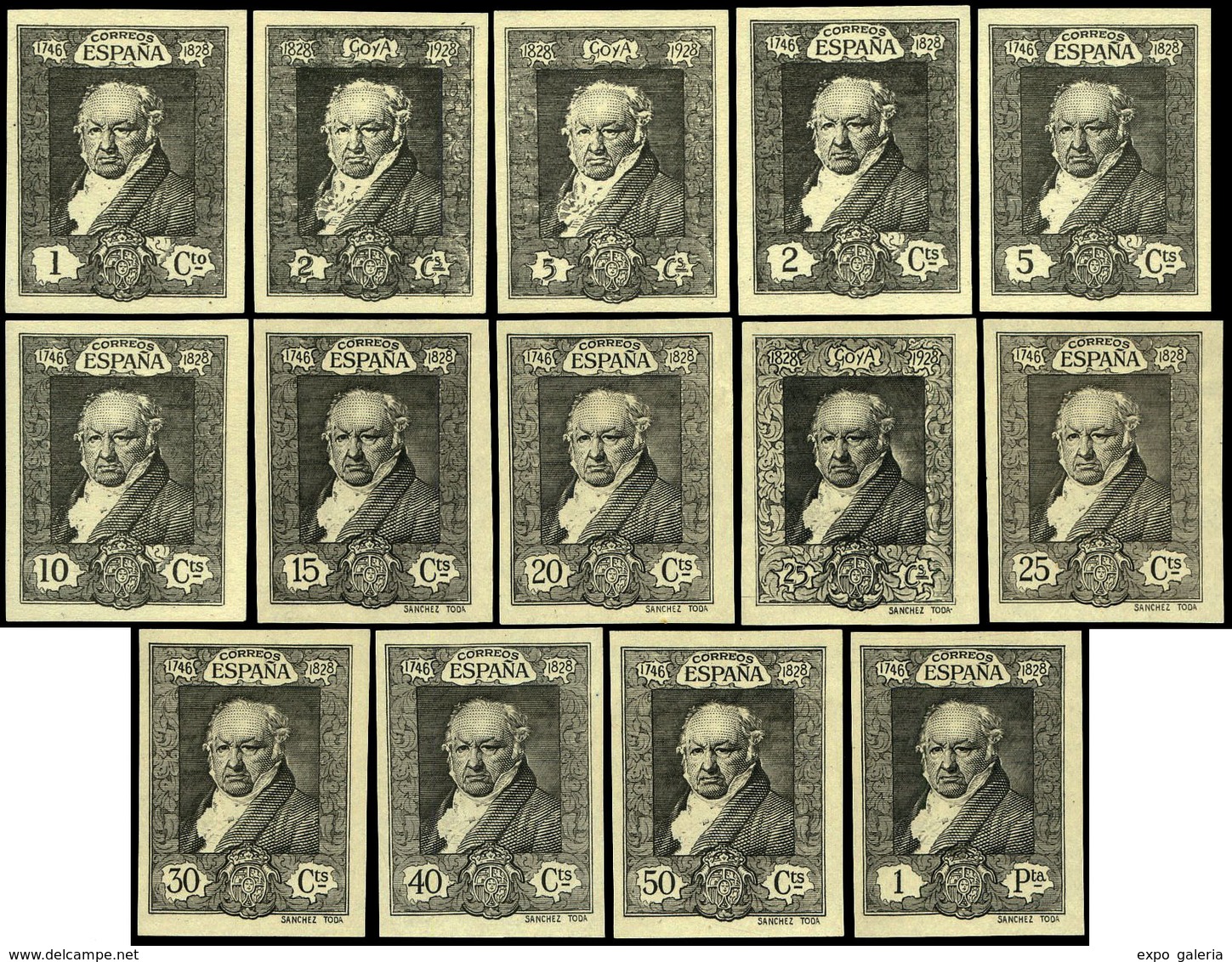 Año 1930 - Ensayos De Plancha En Negro. 14 Valores (Galvez 2626+.....) Precioso Conjunto - Unused Stamps