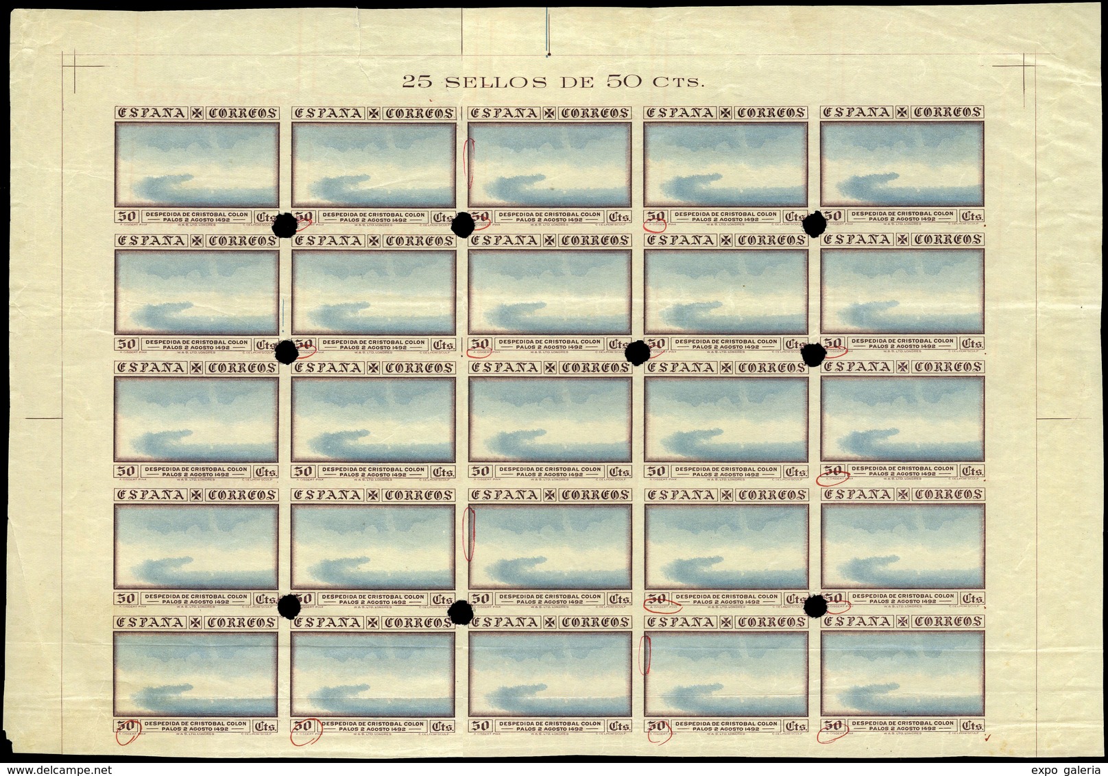 Ed. * 542 - 1930. 50 Cts. Pliego Completo 25 Ejemplares. Prueba De Marco Procedente Del Archivo Waterlow - Unused Stamps