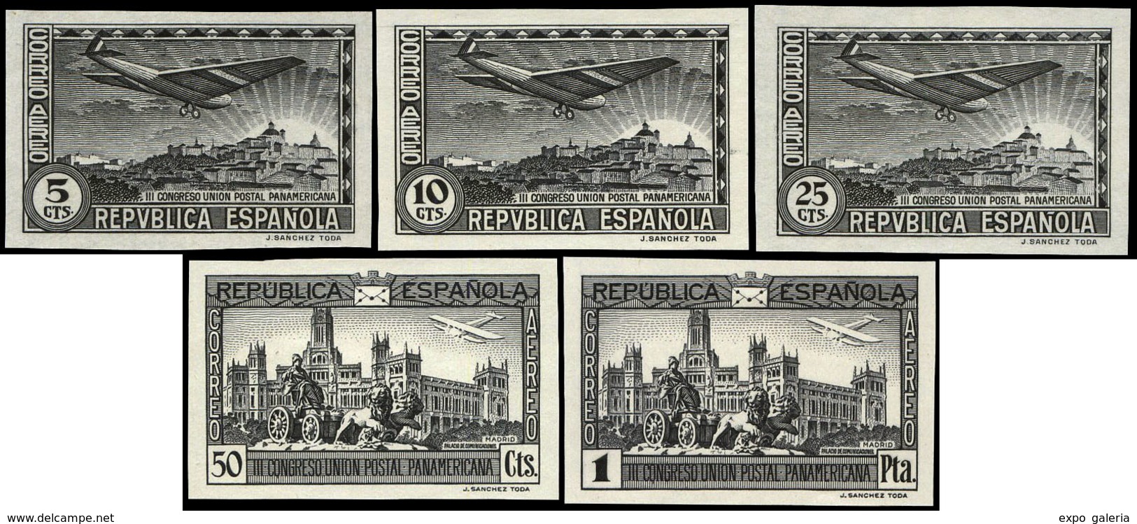 Galvez C.A.465/9 - 1931. Aerea. Ensayos De Plancha En Color Negro. 5 Valores. Conjunto Completo - Unused Stamps