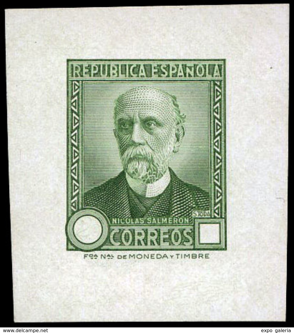 Galvez 3021 - 1932. Nicolás Salmerón. Prueba De Punzón Sin Valor En Cartucho Y Con Pie Imprenta. Color Verde - Unused Stamps