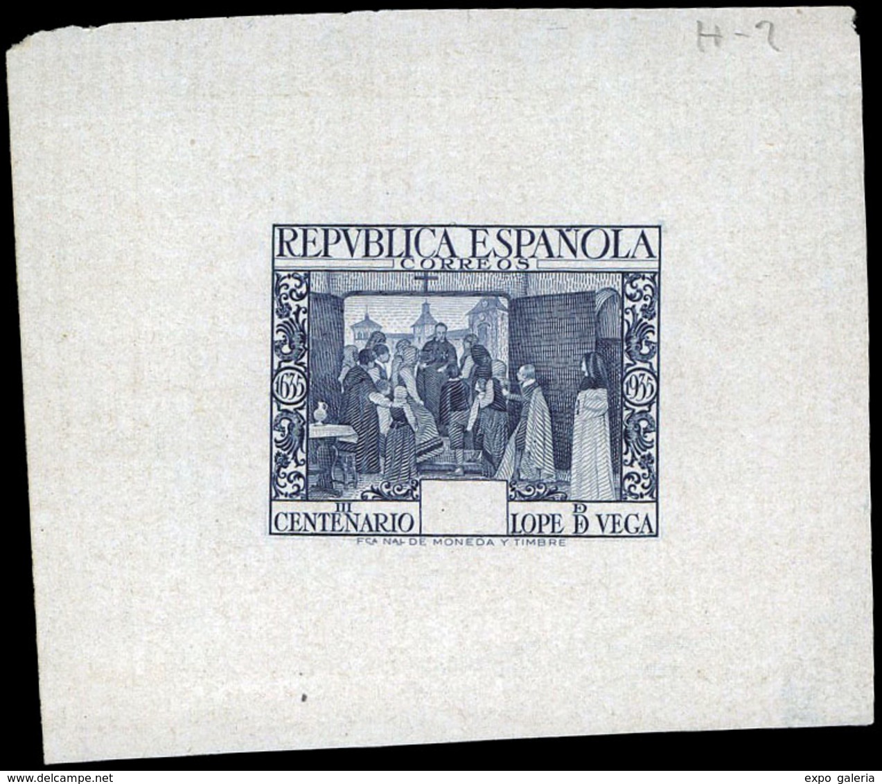 Galvez 3171 - 1935. Proyecto No Adoptado Lope De Vega. Prueba De Punzón (2º Estado)Sin Valor. Color Azul - Neufs