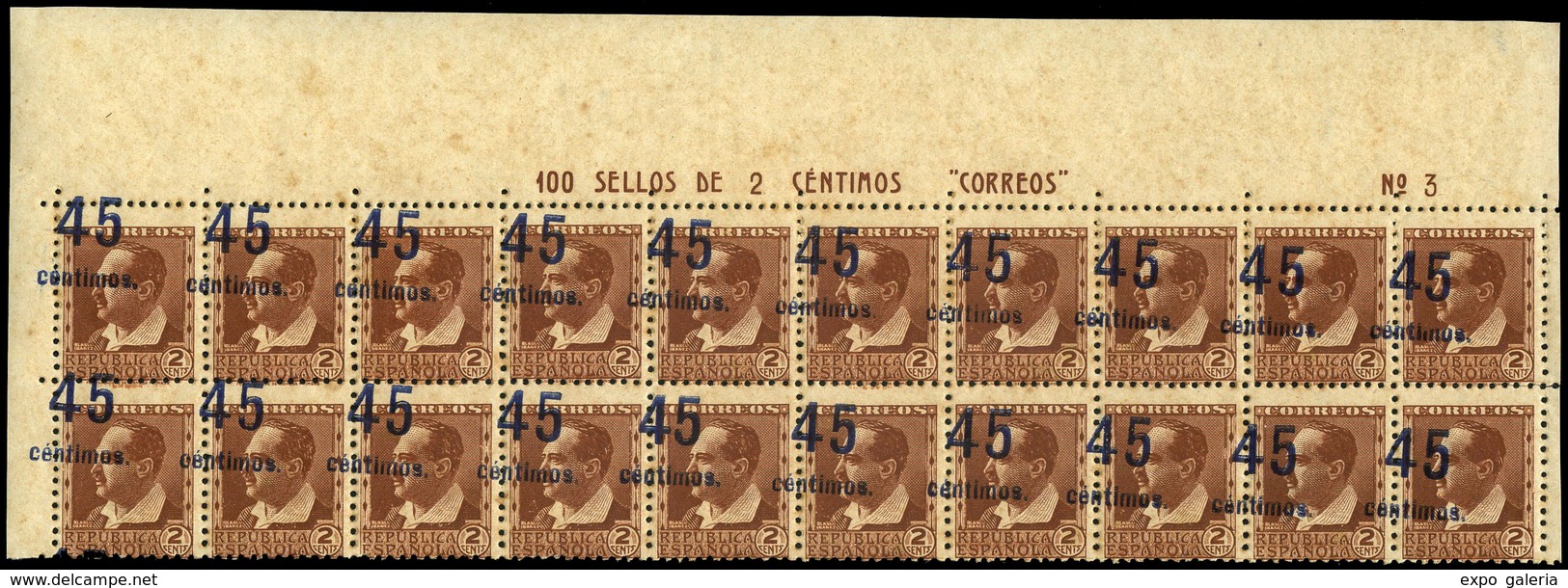 Ed. * NE28 - 1938. Blasco Ibañez. No Emitido. Bl. De 20 Ejemplares Cabecera De Pliego (Nº 3). Variedad Sobrecarga - Ongebruikt
