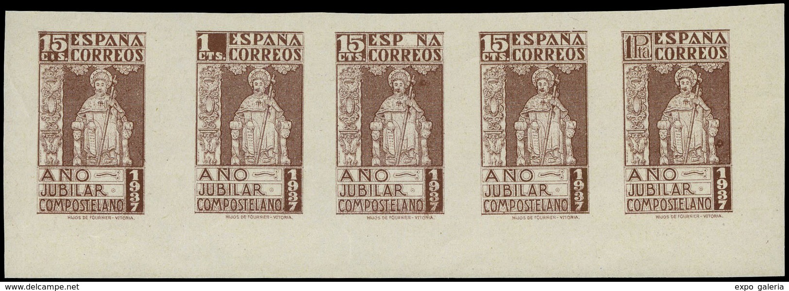 Año 1937 - Diseño Valor 15 Cts. Tira De 5 En Color Marrón Con Distintos Faciales (15 Cts + 1 Cts + 1 Ptas.) - Unused Stamps