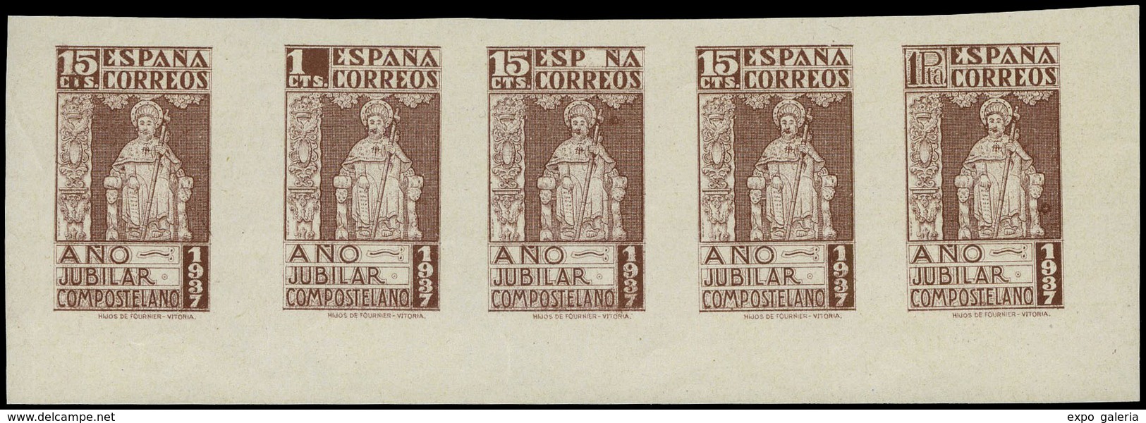 Año 1937 - Diseño Valor 15 Cts. Tira De 5 En Color Marrón Con Distintos Faciales (15 Cts + 1 Cts + 1 Ptas.) - Ungebraucht