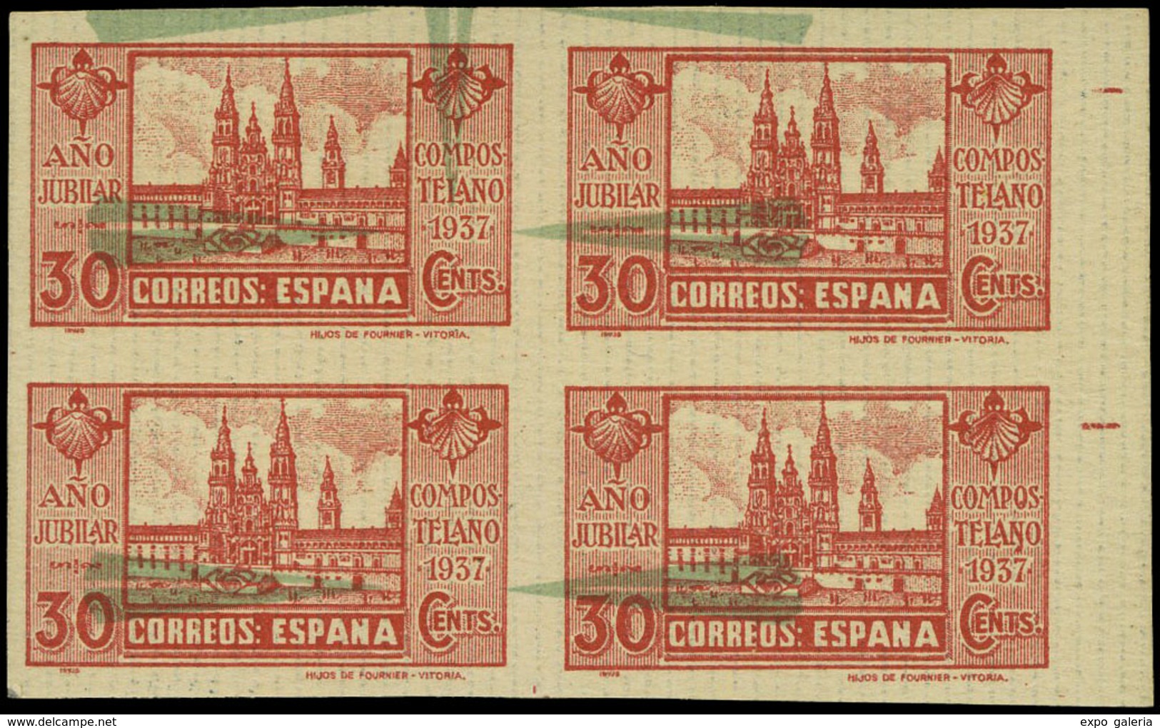 Año 1937 - Ensayo De Plancha 30 Cts. En Bl. De 4 Sobre Naipe. Precioso Y Escaso - Unused Stamps