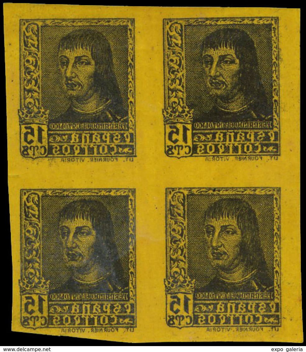 Galvez 3515 - 1938.Prueba Del 15 Cts. Negro.Bl. De 4 Impreso En Negativo Sobre Cartulina Amarilla Preciosa Y Escasa. - Unused Stamps