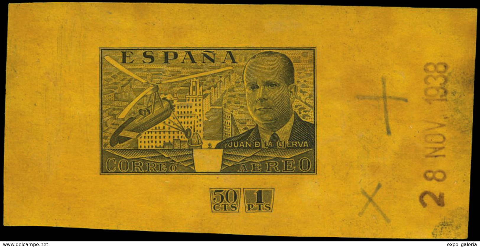 Año 1939 - Prueba Impresa Sobre Cartulina Crema, Sin Valor En El Cartucho Y Fuera Impreso 50Cts + 10 Ptas… - Unused Stamps