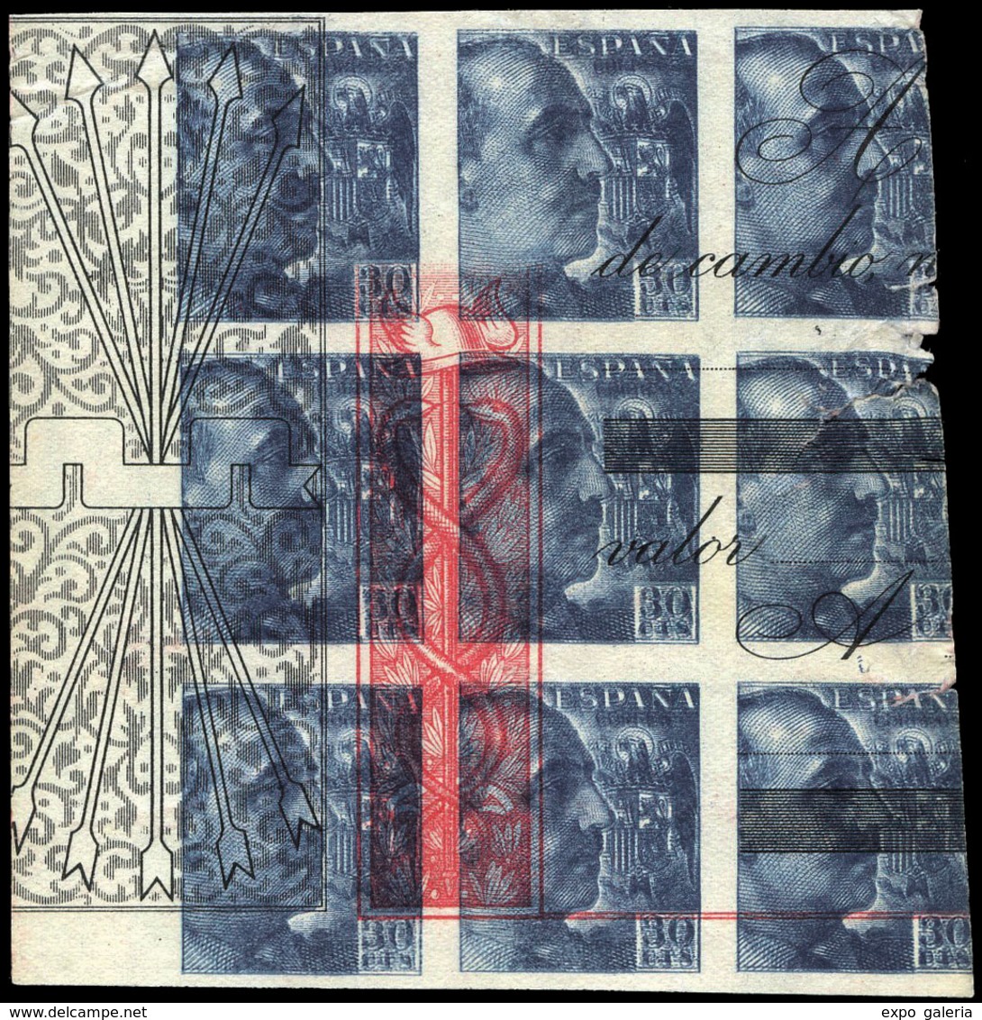 Año 1939 - 30 Cts. Azul. Bl. De 9. Prueba Impresión En Anverso Y Reverso Sobre Papel Timbrado + Sello Auxilio Social - Ungebraucht