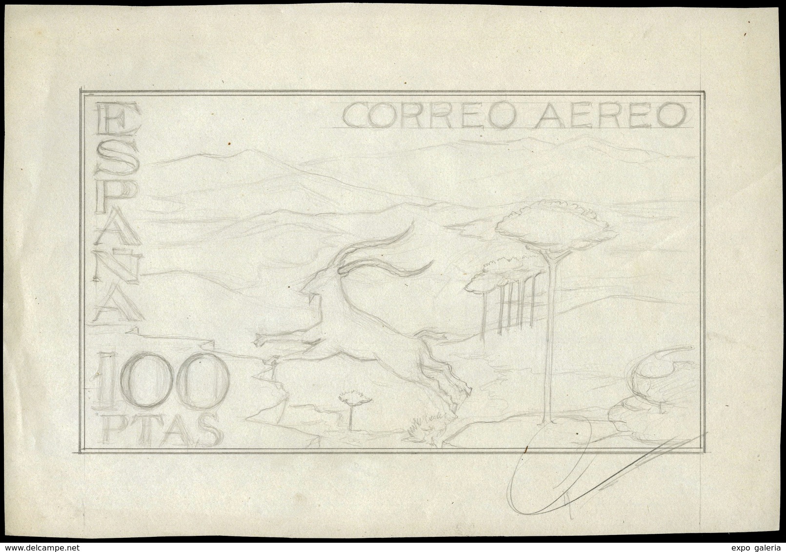 Año 1960 - Boceto Original De Proyecto No Adoptado Sello Correo Aereo 100 Ptas.Firma Sánchez Toda - Covers & Documents