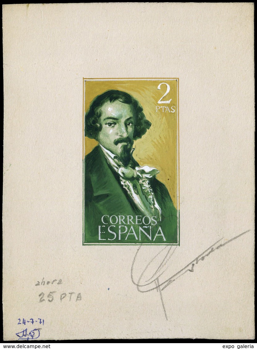 Año 1972 - Personajes. José Espronceda. Proyecto Sello Realizado A Acuarela (valor 2 Ptas. En Lugar 25 Ptas) - Lettres & Documents