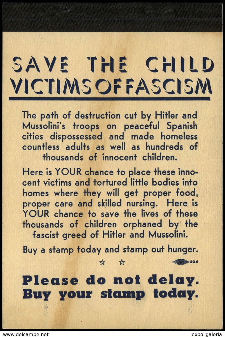 Carnet “Save The Child Victims Of Fascism” Editado Por El Comité Norteamericano Ayuda A La Democracia… - Spanish Civil War Labels