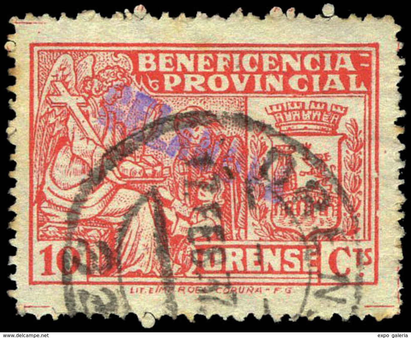 All. 0 1 - Orense. CELANOVA. “Beneficencia Provincial. 10 Cts.” Con Marca Tampón Violeta “Celanova”. Muy Raro - Republikeinse Uitgaven