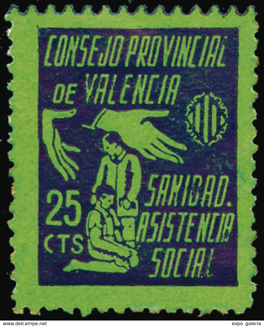 All. * 11 - VALENCIA. “Sanidad Y Asistencia Social. 25 Cts.” Verde. Muy Rara - Emissions Républicaines