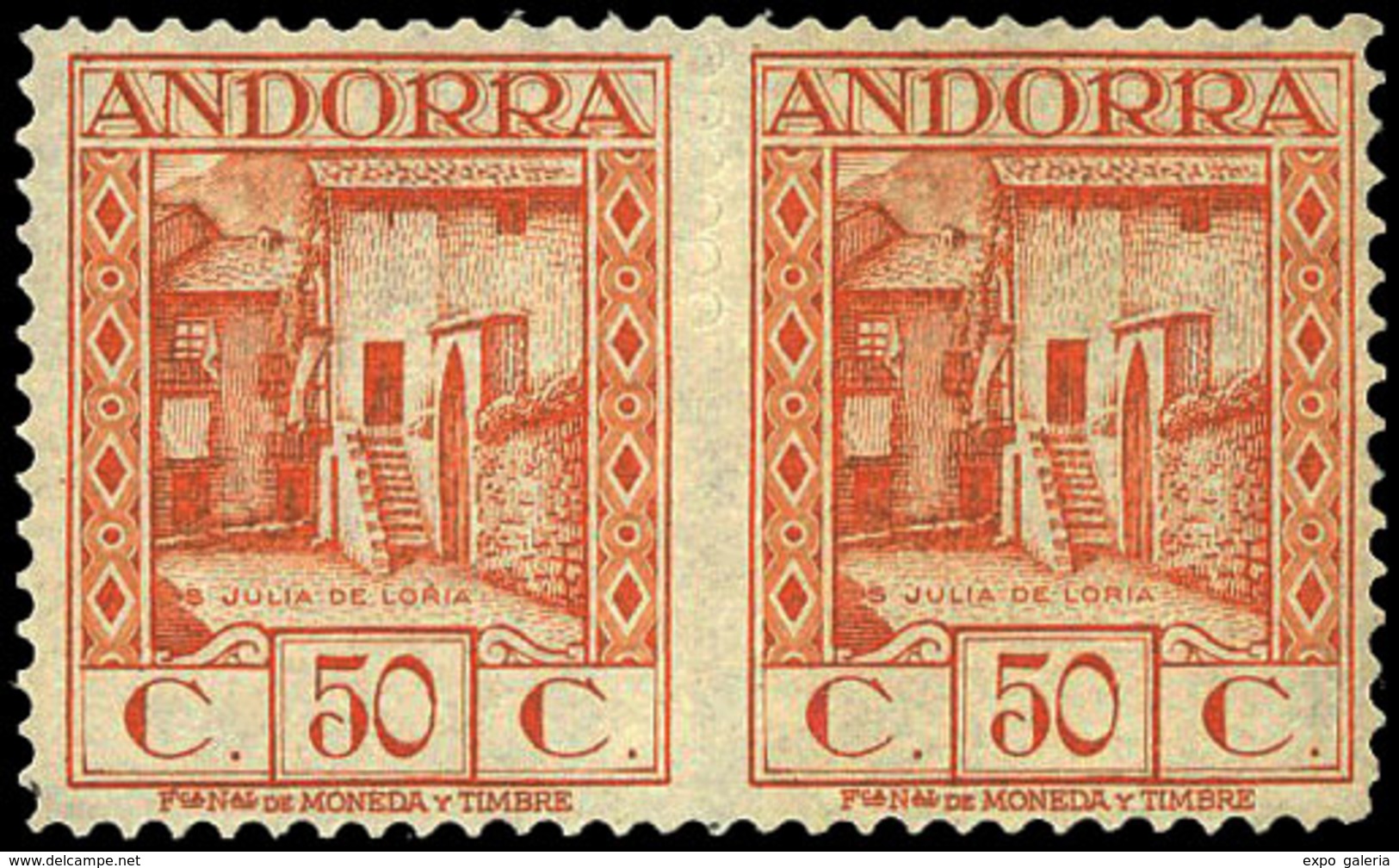 Ed. ** 23 - 1929. Paisajes Andorra. 50 Cts. Naranja. Pareja S/D En Medio. No Cat. Este Valor Con Esta Variedad - Autres & Non Classés