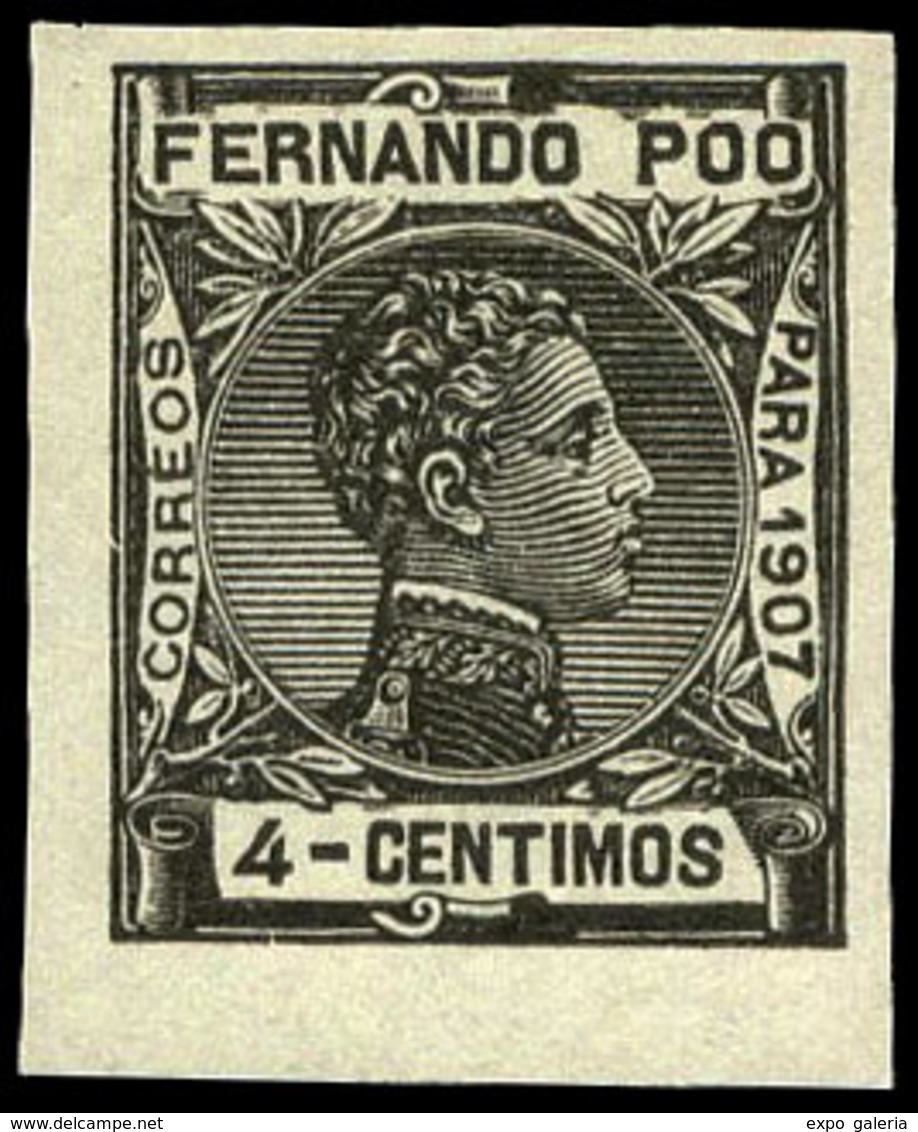 Ed. ** 155 S/D - 1907. Alfonso XIII. 4 Cts. Negro. S/Dentar.Esquina De Pliego.Sin Charnela.Muy Raro Ejemplar - Fernando Poo