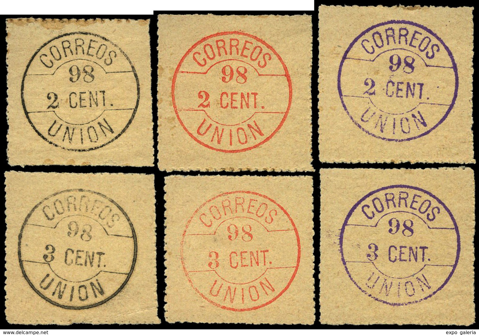 1898. Provisionales “Union”. Conjunto De 6 Ejemplares (3 De 2 Cts Y 3 De 3Cts. En Distintos Colores. Raro Conjunto - Philippines