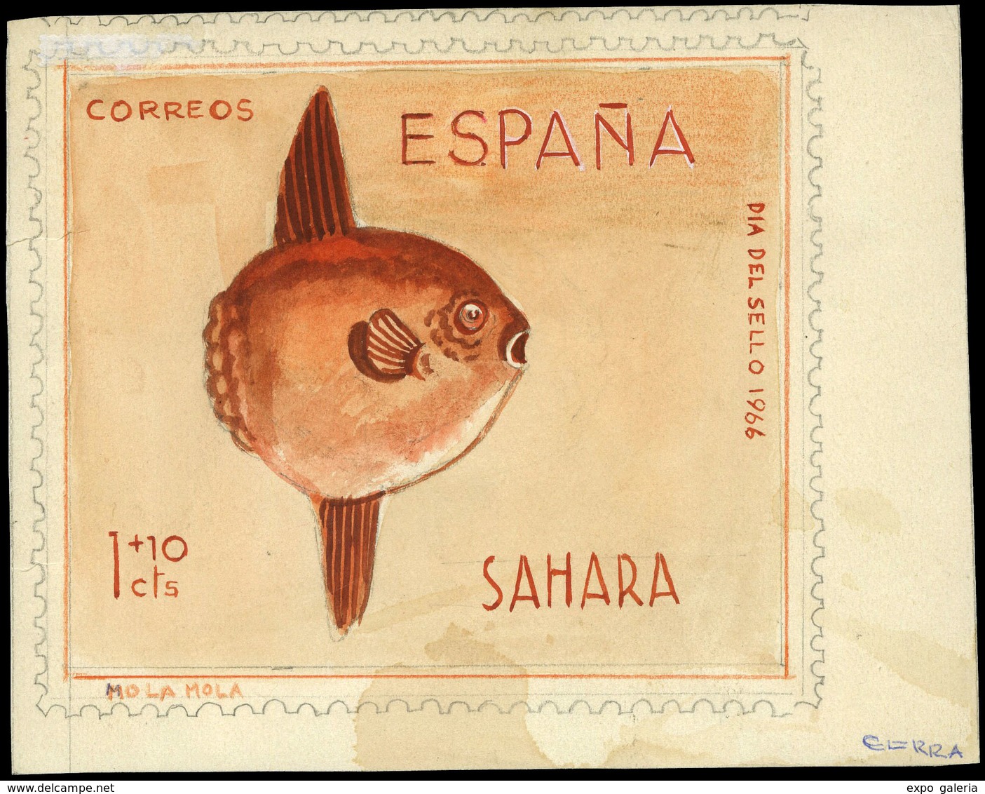 1966. Proyecto No Adoptado Realizado Por El Grabador “D. Ernesto Cerra” “Sahara - Día Del Sello 1966. 1+10 Ptas.” - Sahara Espagnol