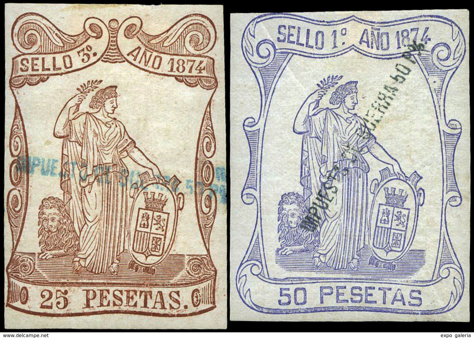 Alemany 150/3+158+160 - 1874. Pólizas.6 Valores Con Sobrecarga “Impuesto De Guerra. 50 P%” - Revenue Stamps