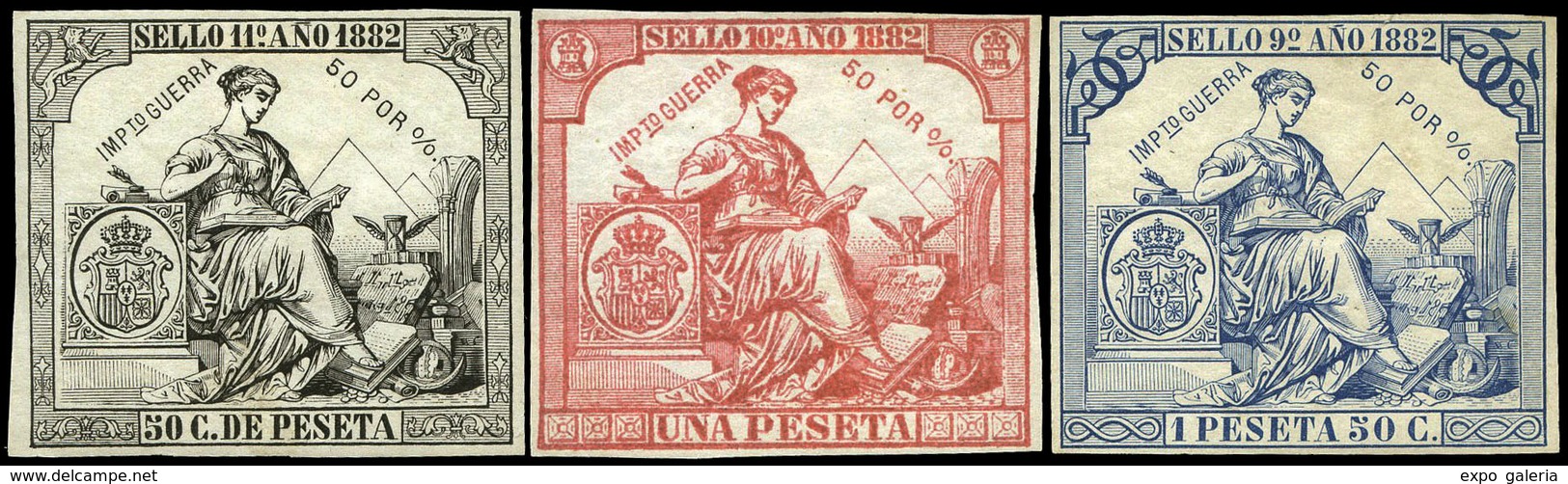 Alemany 239/41 - 1882. Pólizas. 3 Valores Con Inscripción “Impuesto De Guerra” 50 Cts Hasta 1,50Ptas Goma Original - Fiscaux